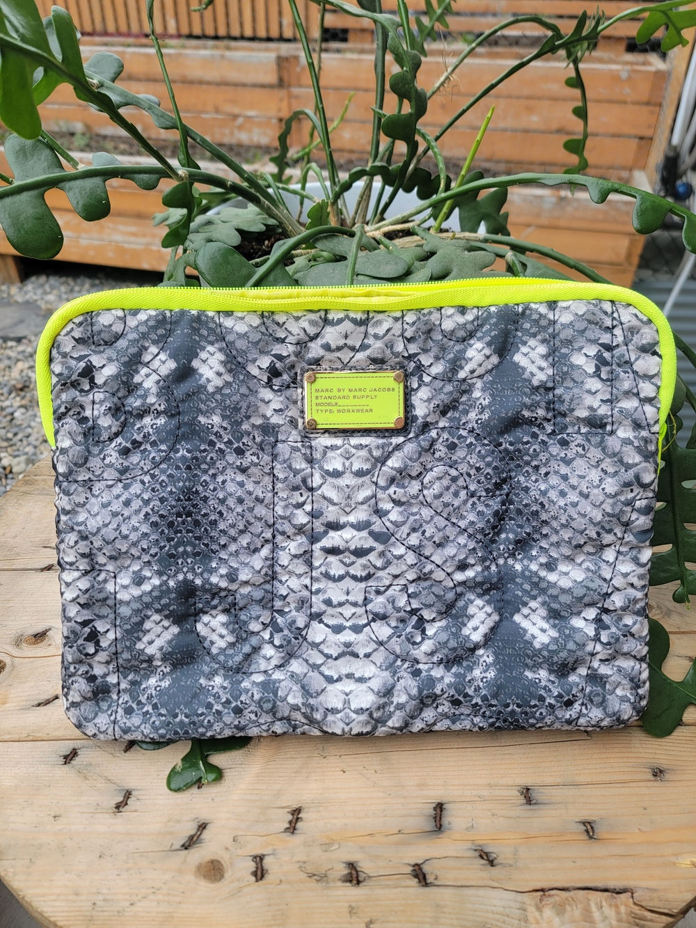 Marc by Marc Jacobs‎ Gray Snake-Print Laptop Pouch with Neon Yellow Trim